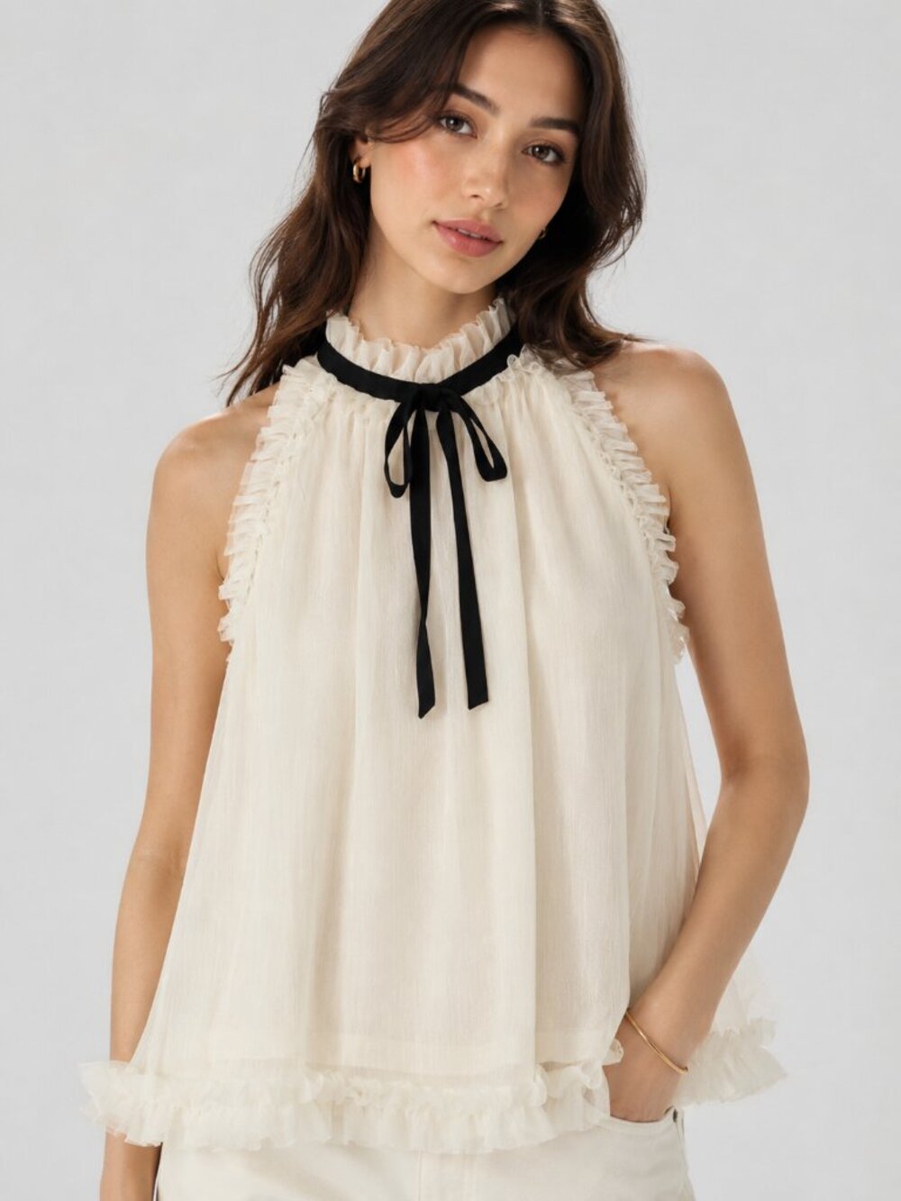 Cream Halter Top Blouse Chiffon Romantic Cottagecore Summer Boho Small